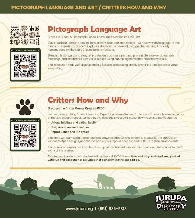Jurupa Mountains Discovery Center flyer about "Pictograph Language Art" and "Critters How and Why" learning expeditions.