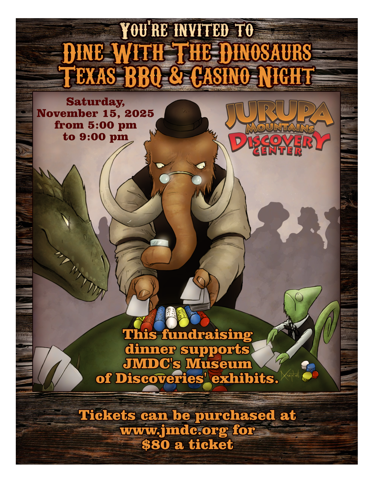 Invitation to "Dine With The Dinosaurs" featuring Texas BBQ and Casino Night on Nov 15, 2025. Event supports JMDC exhibits.