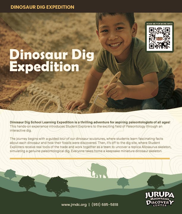 "Dinosaur Dig Expedition" flyer shows a child digging with a brush, featuring a fossil, a QR code, and contact info for the event.