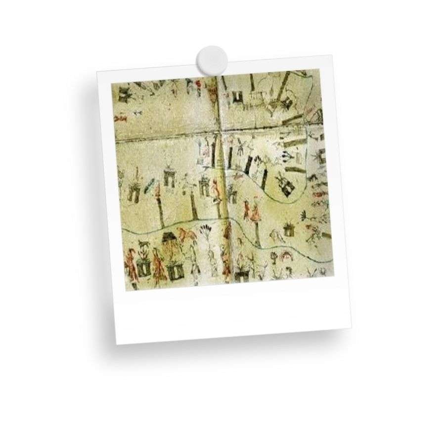 Ancient map with illustrations of people, animals, and buildings on a yellowed background in a polaroid frame.