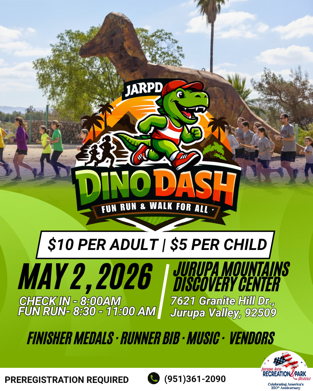 The image promotes the JARPD Dino Dash on May 2, 2026, at Jurupa Mountains Discovery Center, featuring fun runs, medals, and vendors.