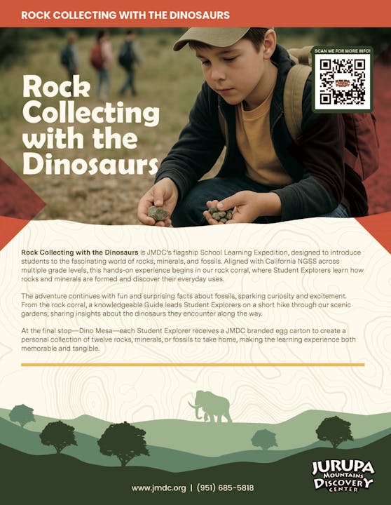 A flyer for "Rock Collecting with the Dinosaurs" event by Jurupa Mountains Discovery Center, featuring a kid holding rocks.