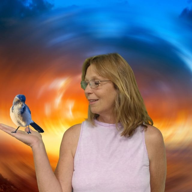 A woman holds a bird on her hand against a vibrant, swirling sky background.