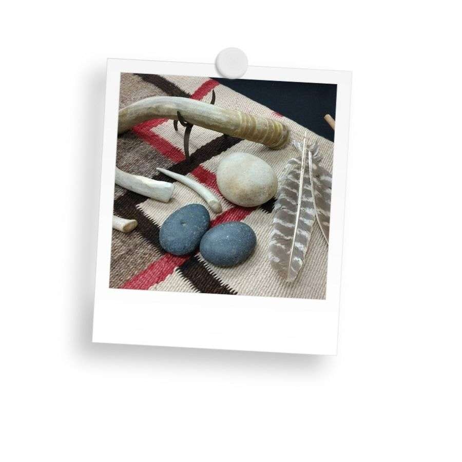 A collection of stones, feathers, bones, and antler on a patterned fabric.