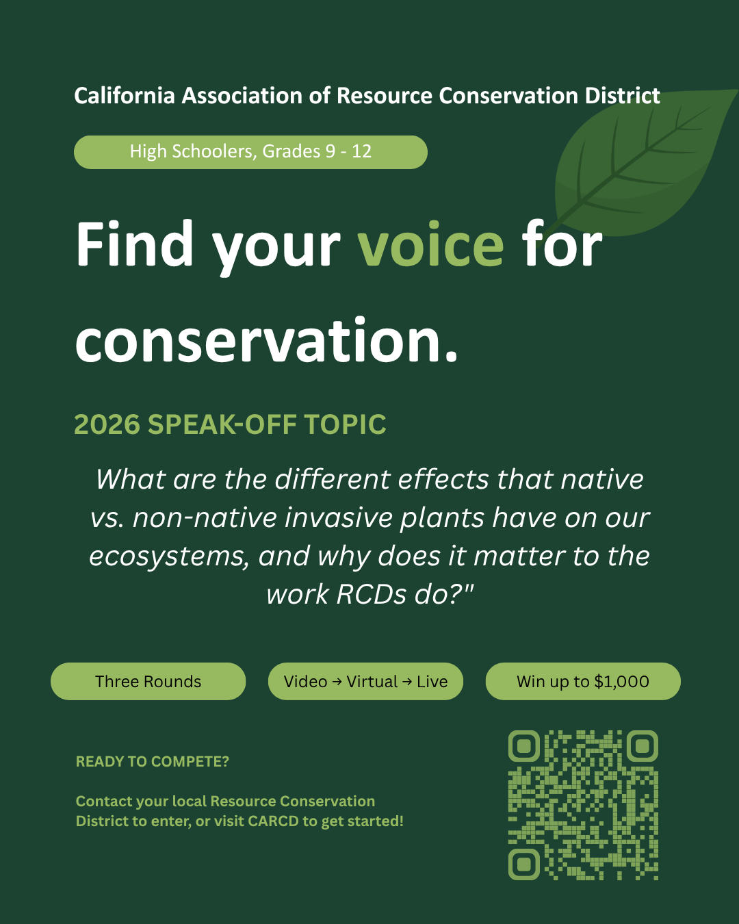 The image promotes a conservation speak-off for high schoolers, focusing on invasive plants and offering cash prizes.