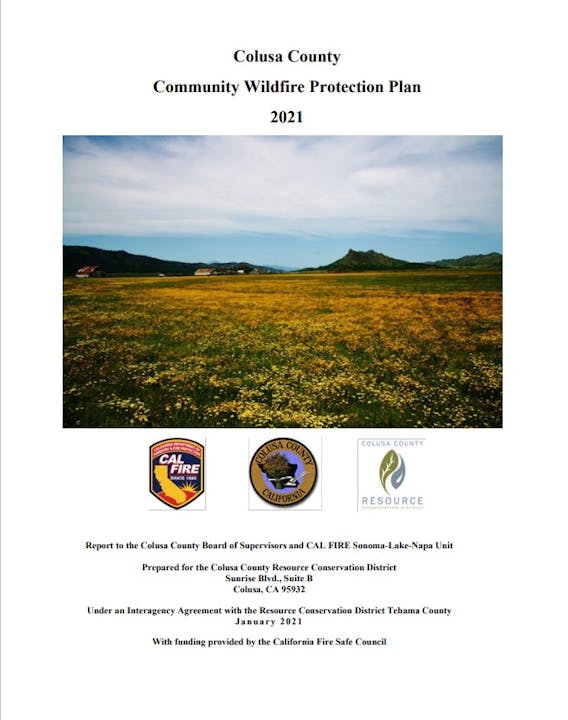 Cover page for Colusa County Community Wildfire Protection Plan 2021 with logos and a scenic photo.