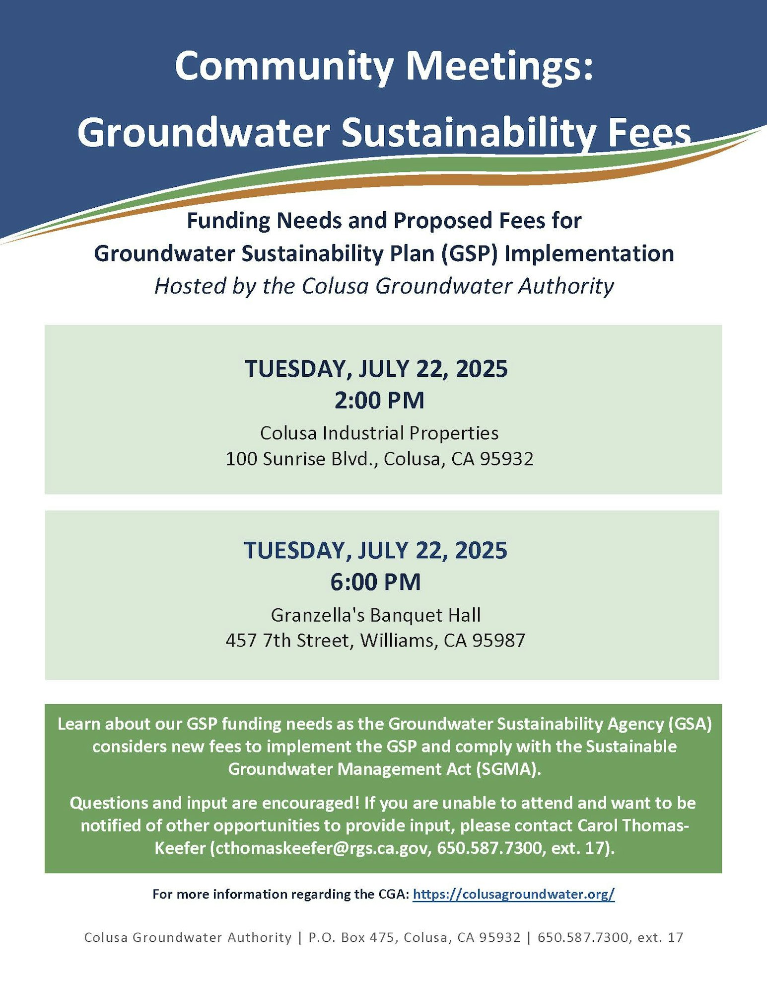 Community meetings on groundwater sustainability fees, July 22, 2025, at 2 PM and 6 PM in Colusa and Williams, CA. Hosted by CGA.