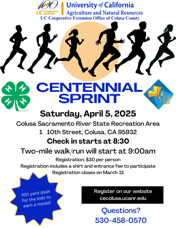 Centennial Sprint event on April 5, 2025, in Colusa, CA. Two-mile walk/run, $30 registration. Check-in at 8:30 AM, run at 9:00 AM.