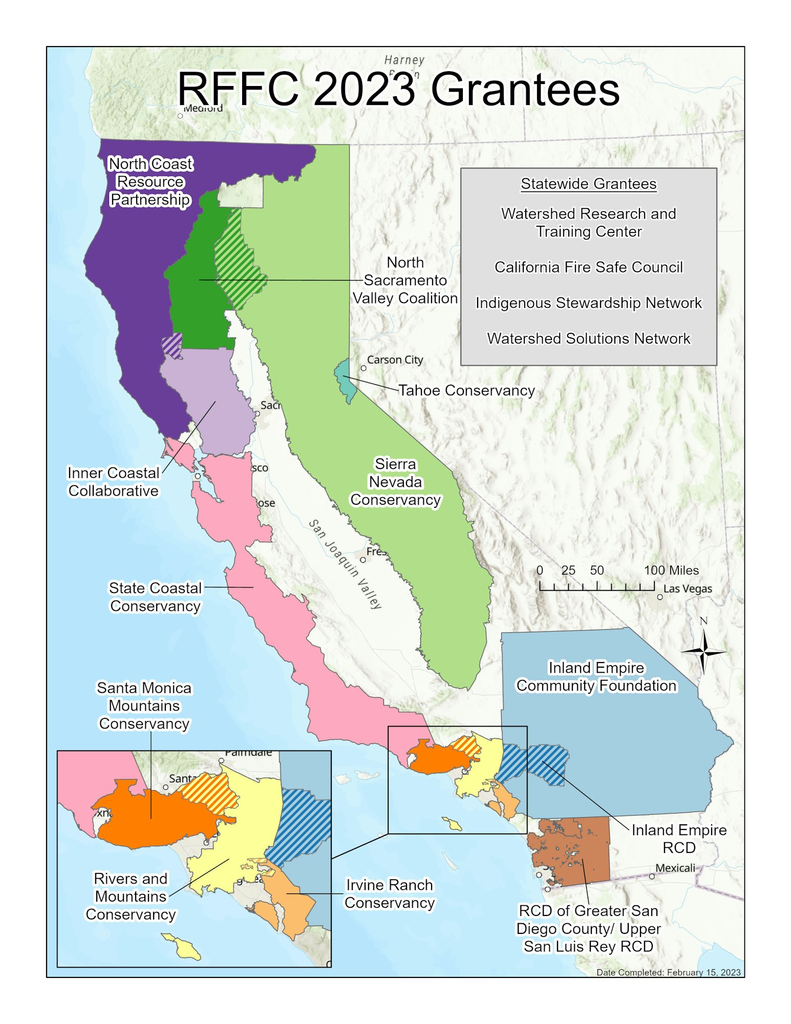 A map showing the RFFC 2023 Grantees in different regions of California.
