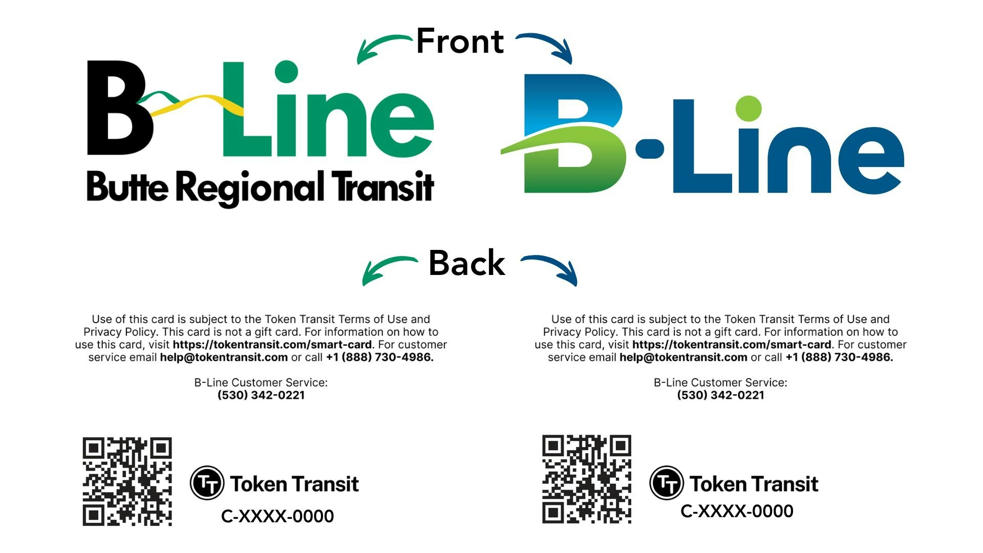 This image displays a B-Line transit card for Butte Regional Transit, detailing usage terms and customer service info.