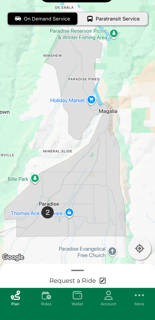 The image is a map showing locations in Paradise and Magalia, including a market and a hardware store, with transit options.