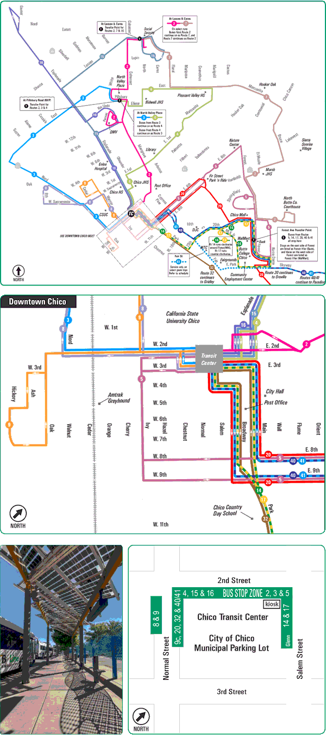 Chico transit map showing bus routes, downtown area details, and the transit center location.