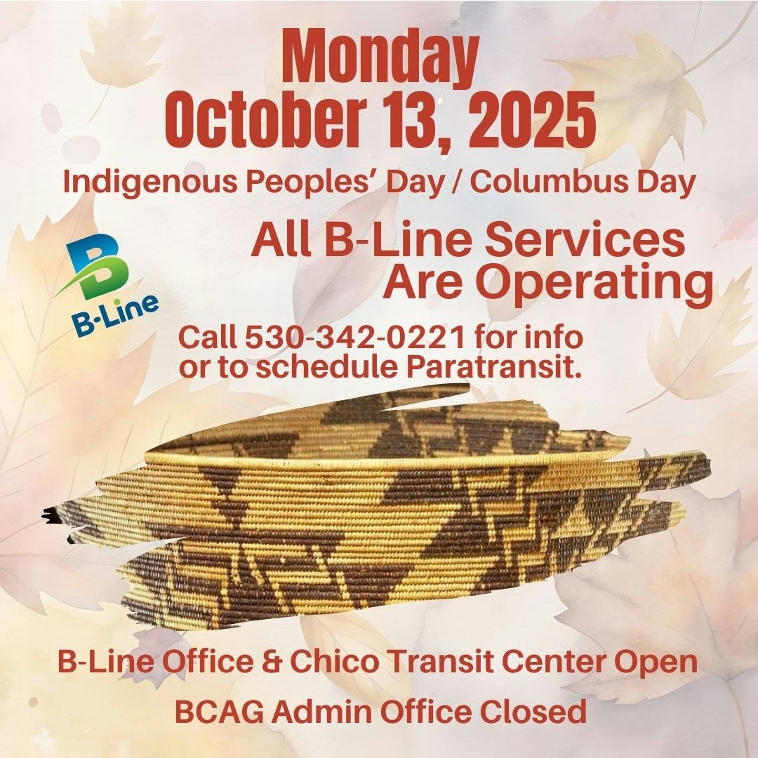 All B-Line services operating on October 13, 2025, for Indigenous Peoples’ Day/Columbus Day. Call for info or to schedule Paratransit.