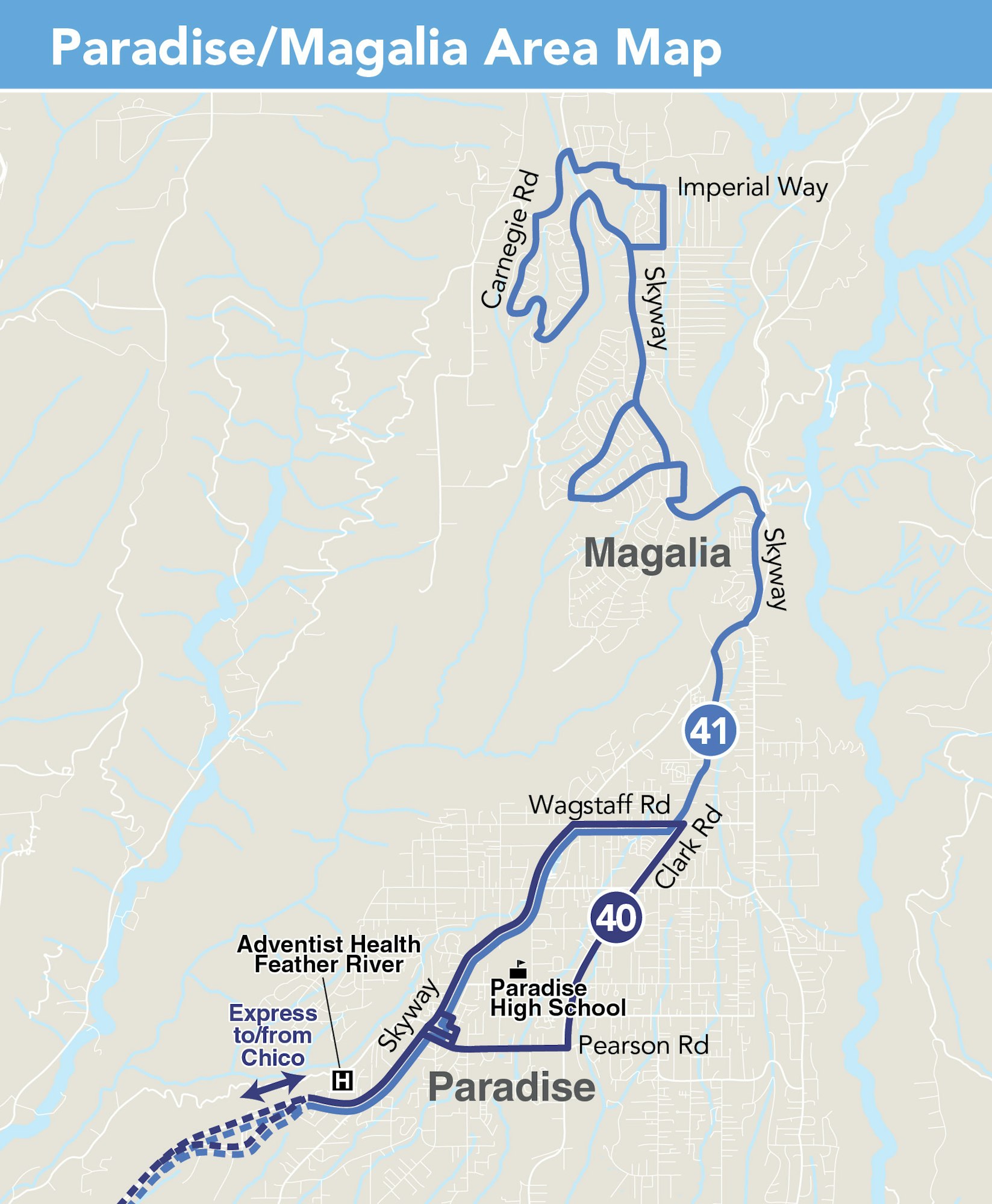 Map of Paradise/Magalia area with roads, Paradise High School, Adventist Health, and Chico express route.