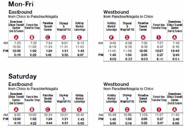 The image displays bus schedules for eastbound and westbound routes between Chico and Paradise/Magalai for weekdays and Saturday.