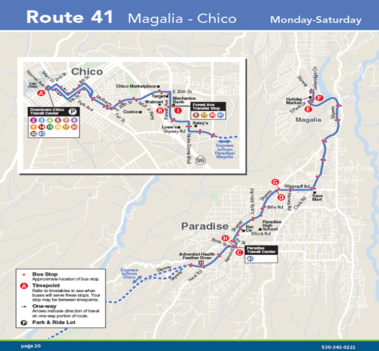 Map of Route 41 between Magalia and Chico, including bus stops, transit centers, and operational details for Monday-Saturday.