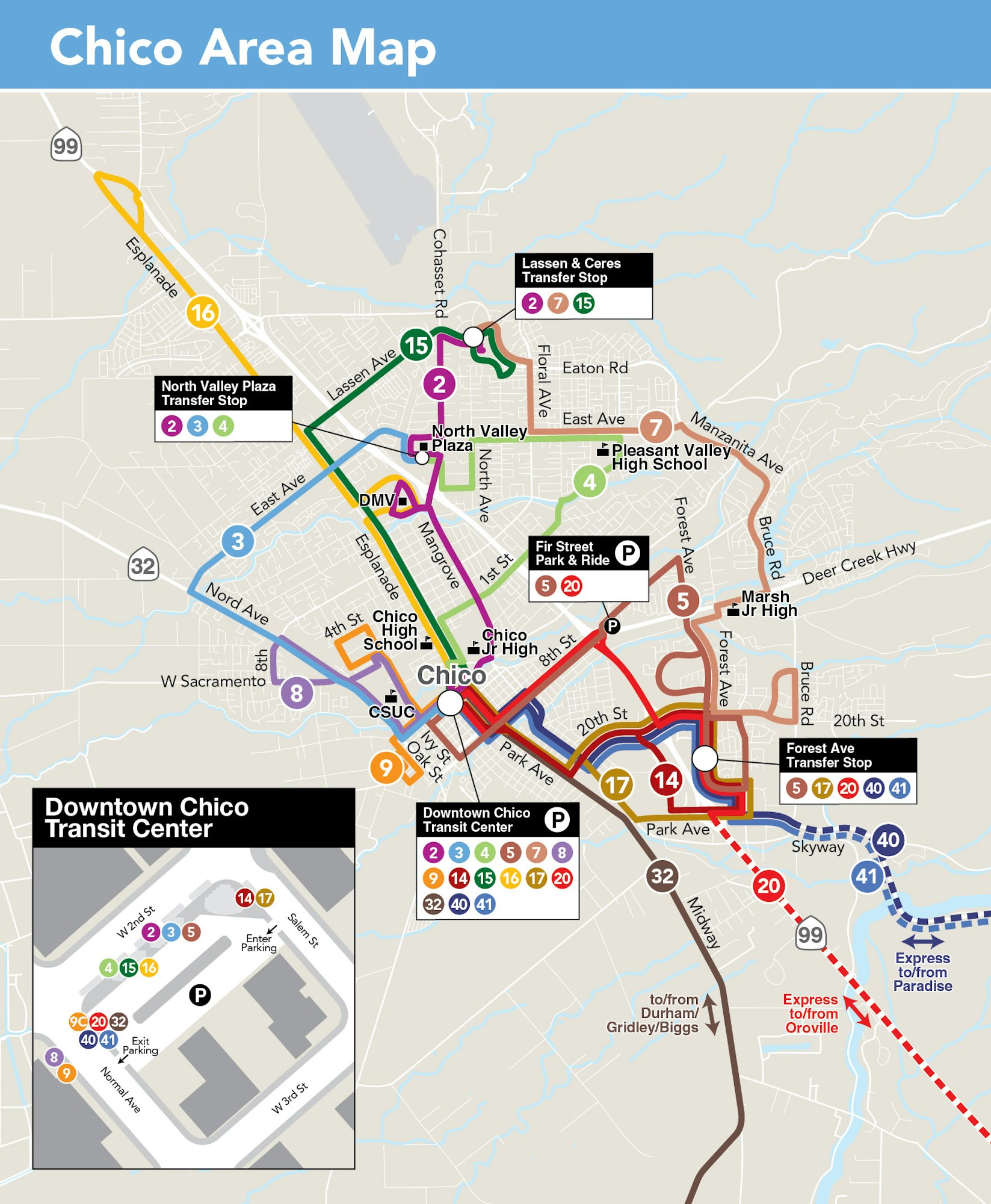 Chico Area bus map showing routes, transit centers, and stops, including Downtown Chico Transit Center and North Valley Plaza.