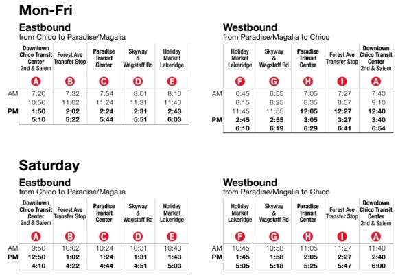 The image displays a bus schedule for eastbound and westbound routes between Chico and Paradise/Magalie for weekdays and Saturday.
