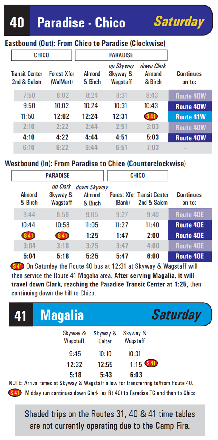Bus schedule for routes 40 and 41 on Saturdays, Chico-Paradise-Magalia, with specific times and notes on service changes.