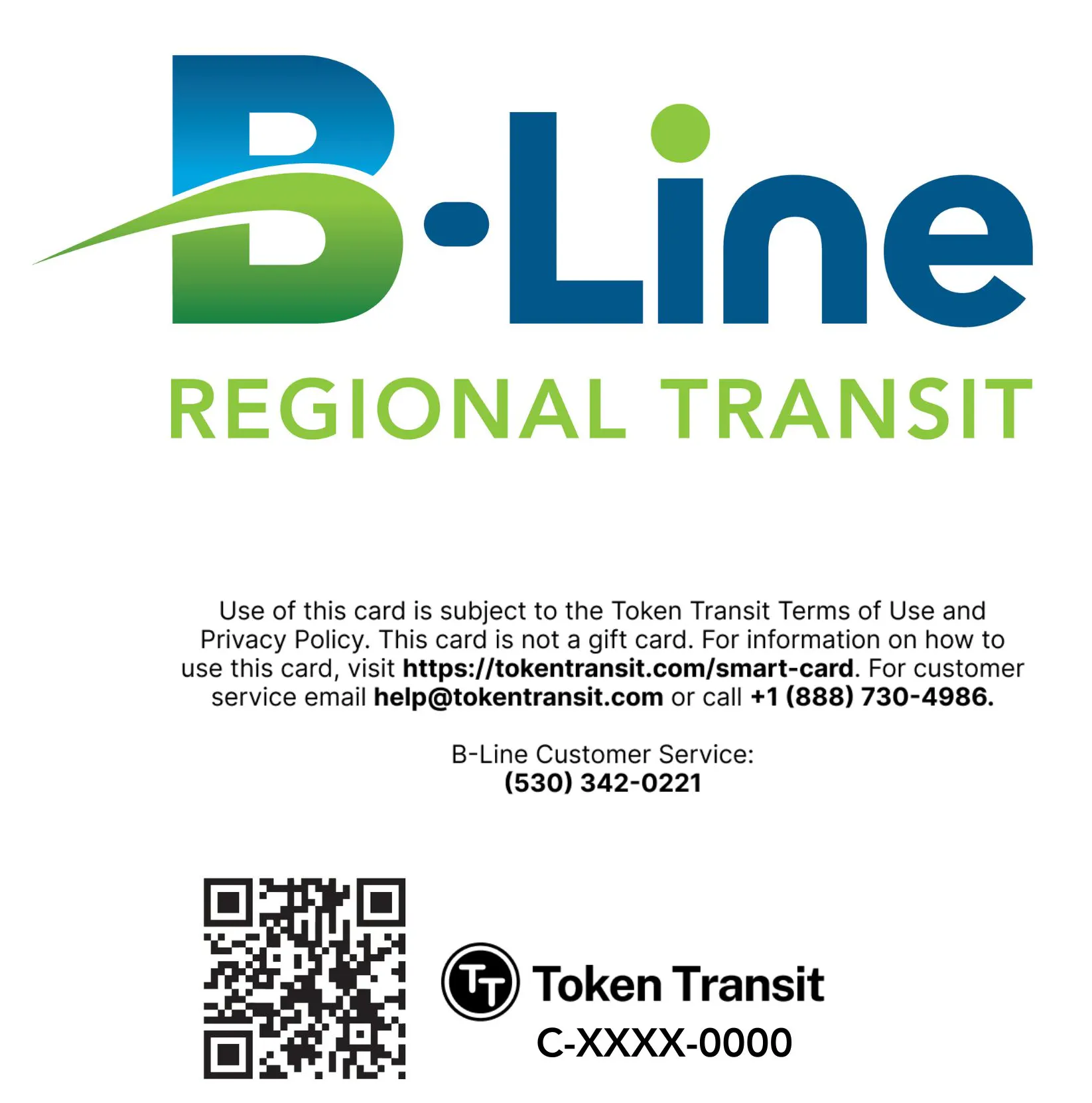 The image shows a B-Line Regional Transit card with contact info, terms of use, and a QR code for Token Transit services.