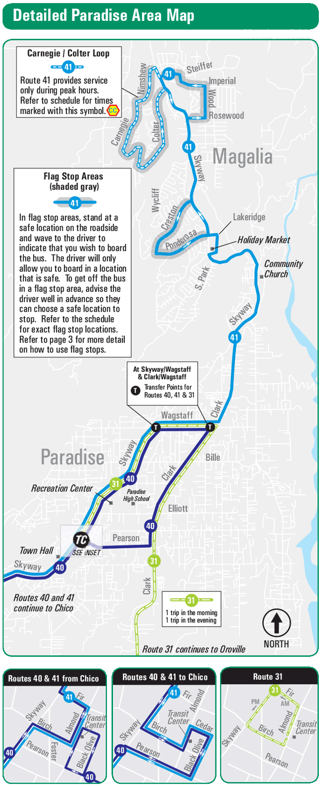 Map of Paradise bus routes 40, 41, and 31 with flag stop areas, loop details, and transfer points.