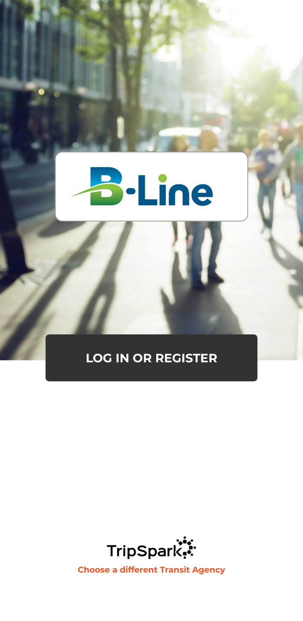 The image features a B-Line logo, an option to log in or register, and branding for TripSpark. It's likely related to transit services.