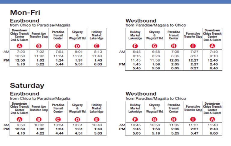 This image displays bus schedules for Eastbound and Westbound routes between Chico and Paradise/Maglia for weekdays and Saturday.