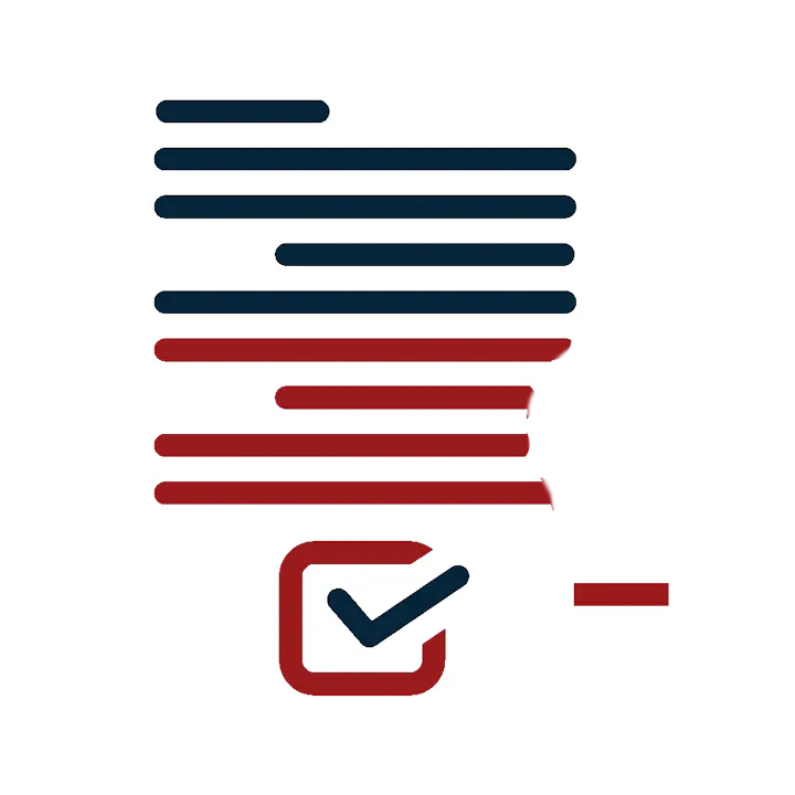 A document with black and red lines, a check mark, and a rubber stamp icon.