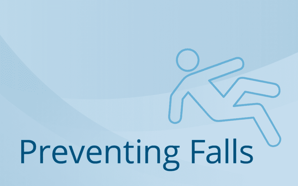 Icon of a person falling with the text "Preventing Falls" on a blue background.