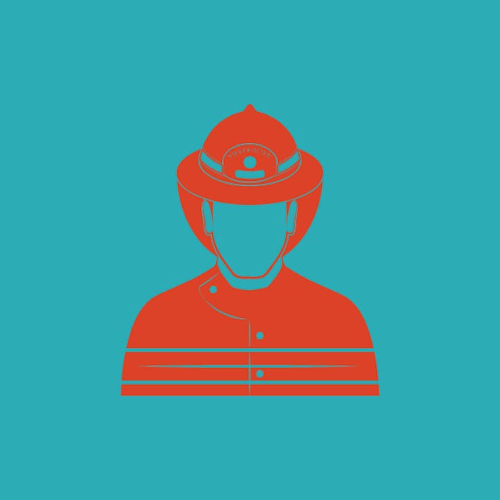 Silhouette of a firefighter wearing a helmet on a turquoise background.
