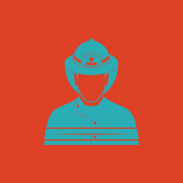 Illustration of a firefighter in uniform and helmet on a red background.