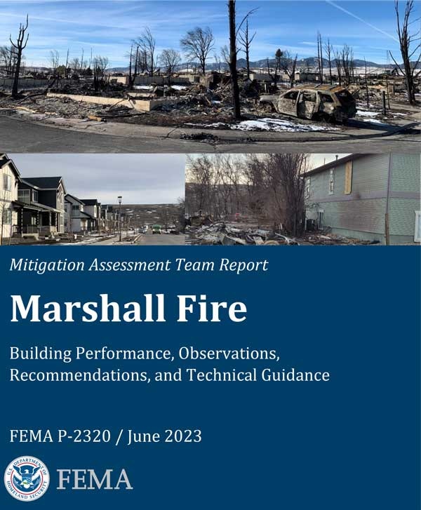FEMA report cover on Marshall Fire, showcasing damaged landscapes and homes. Report includes building performance and guidance.