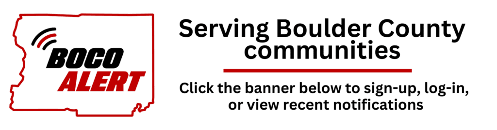 BocoAlert logo and text about serving Boulder County communities, with a call to action for sign-up, log-in, or viewing notifications.