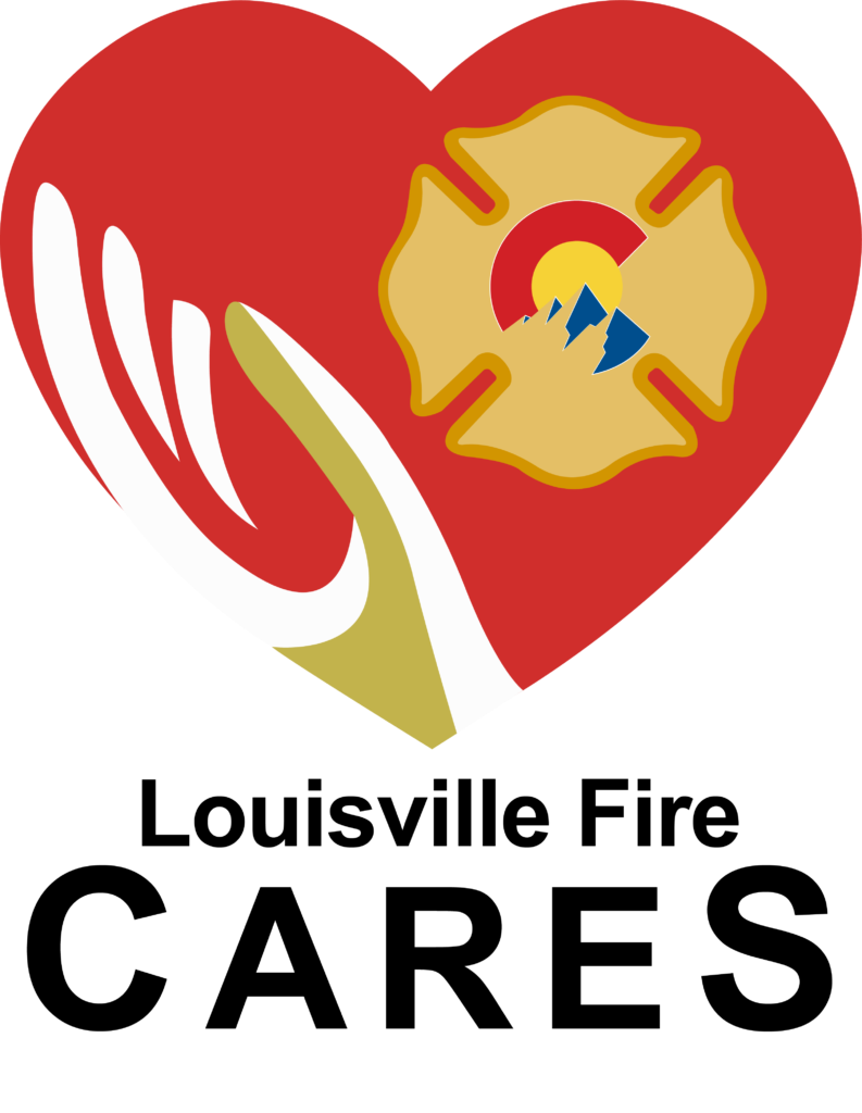 A red heart featuring a stylized hand and firefighter emblem with mountain and sun design.