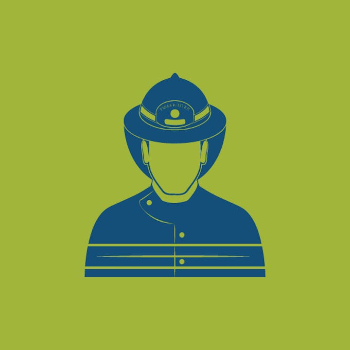 Silhouette of a firefighter in uniform and helmet on a green background.