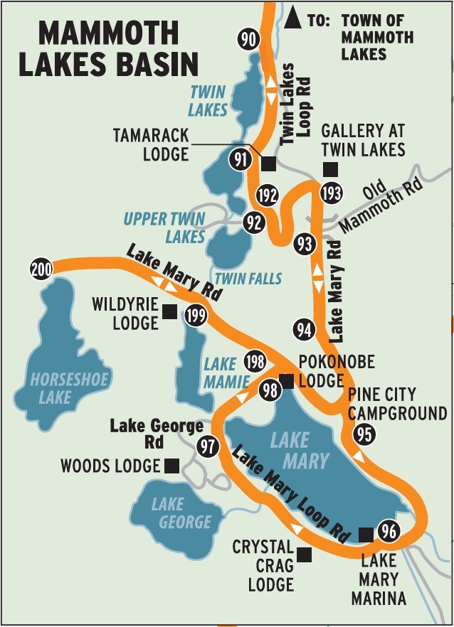 Map of Mammoth Lakes Basin, showing lakes, roads, lodges, and campgrounds.