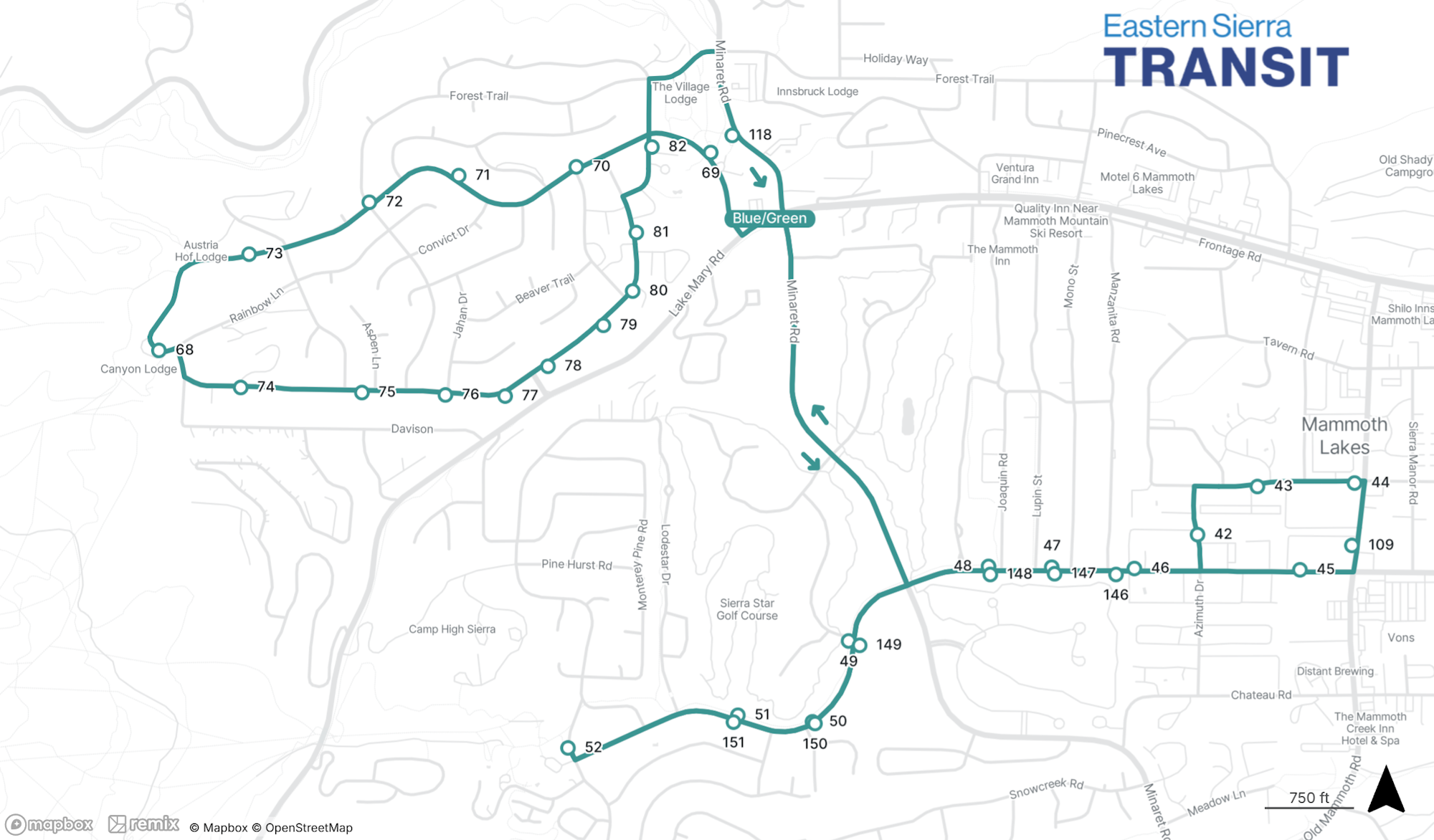 The image shows a transit map of Eastern Sierra, highlighting routes, stops, and key locations in Mammoth Lakes.