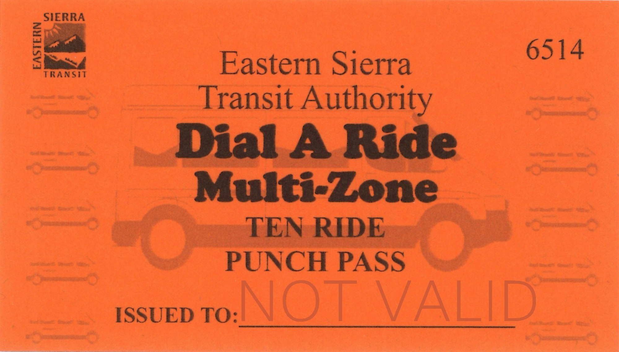 An invalid Eastern Sierra Transit Authority Dial-A-Ride Multi-Zone ten-ride punch pass.
