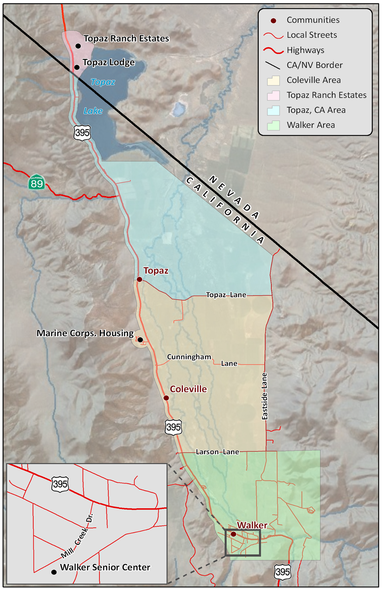 Map showing communities, streets, highways, and areas around the California-Nevada border.