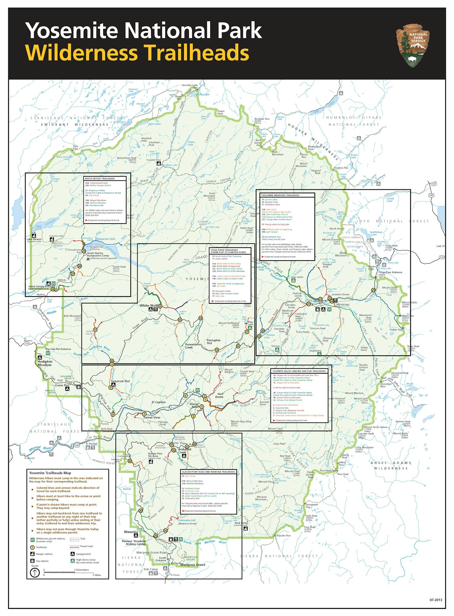 A map of Yosemite National Park's Wilderness Trailheads, with key points and instructions.