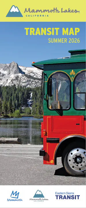 The image is a transit map for Mammoth Lakes, California, featuring a colorful trolley and scenic mountain background for summer 2026.