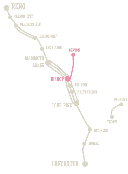 A stylized map highlighting the route from Bishop to Benton with other city names.