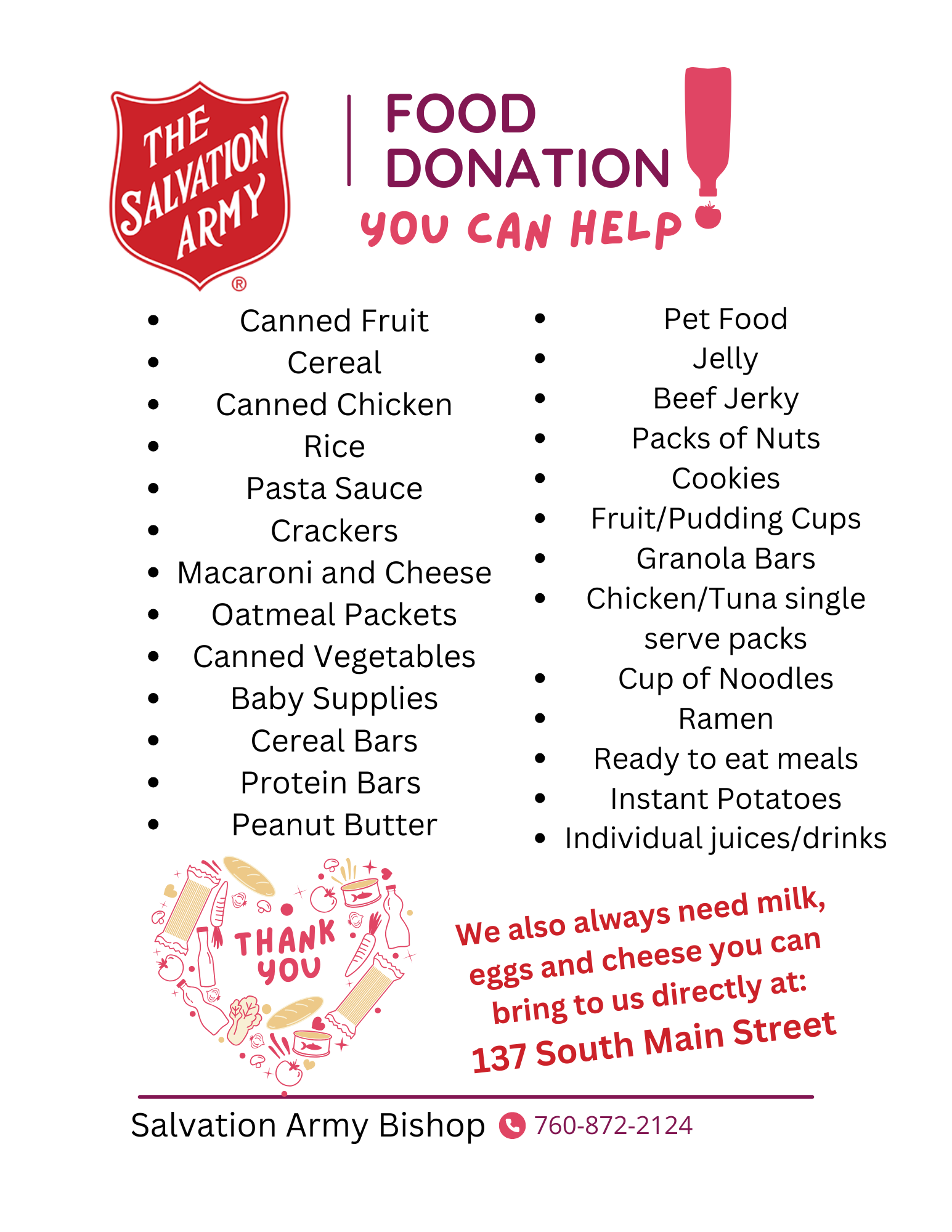 A poster for The Salvation Army food donation drive listing items needed, with contact information at the bottom.