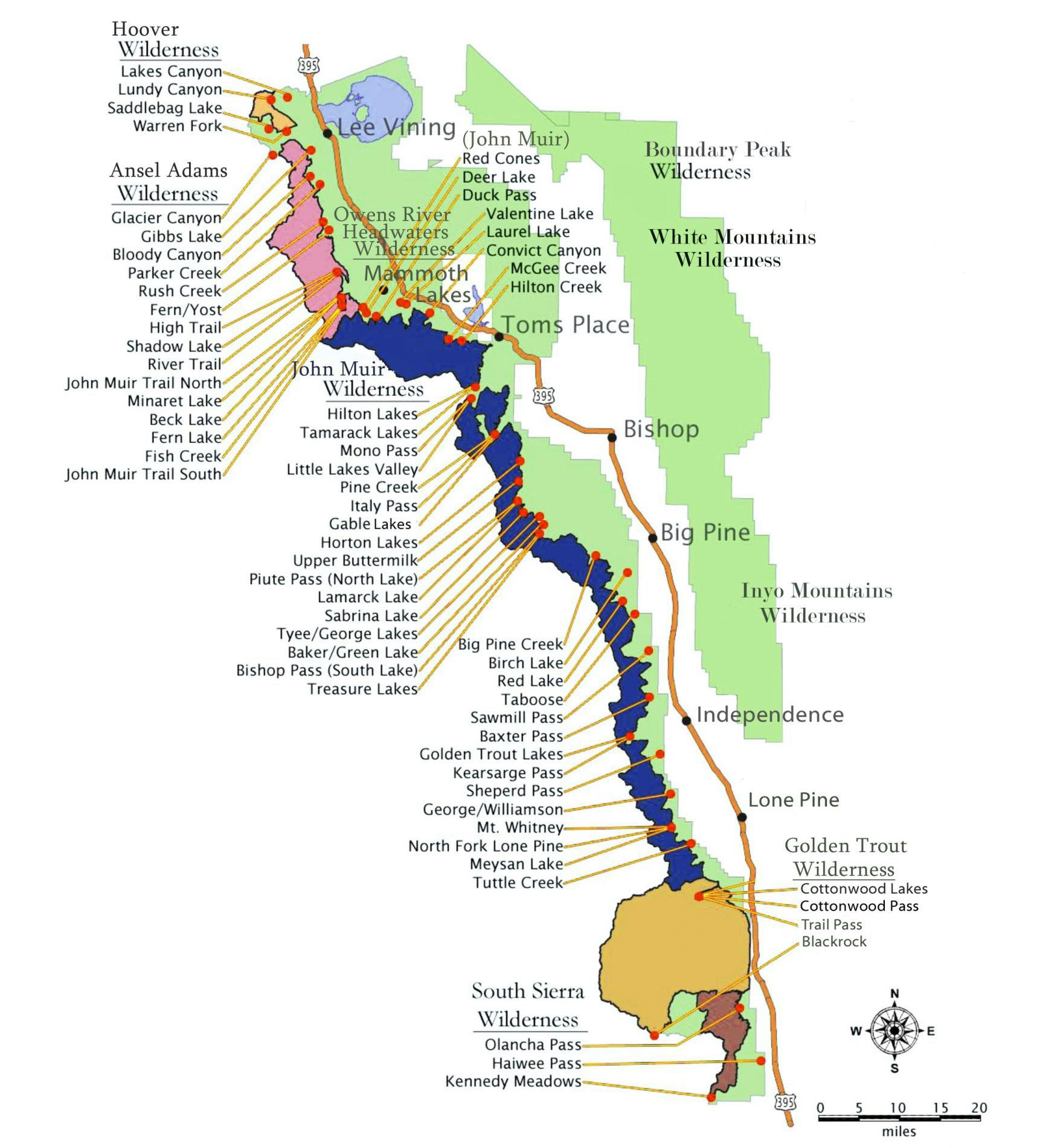 Map of Eastern Sierra showing trails, lakes, wilderness areas, and towns like Bishop and Mammoth Lakes.