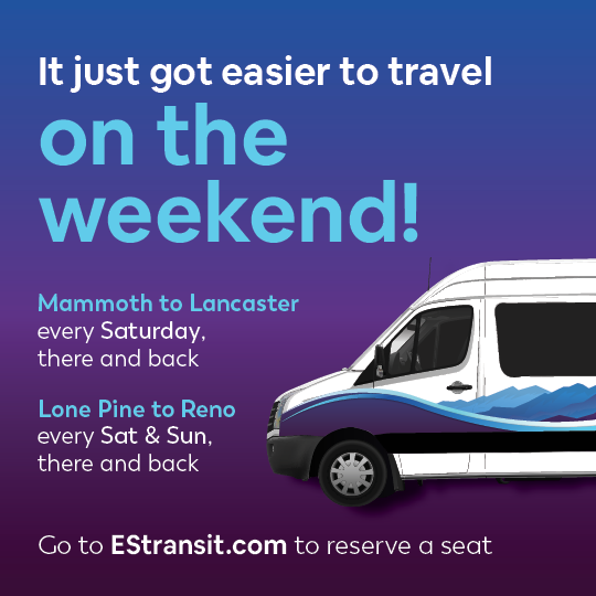 An ad promoting weekend travel with bus routes from Mammoth to Lancaster and Lone Pine to Reno.
