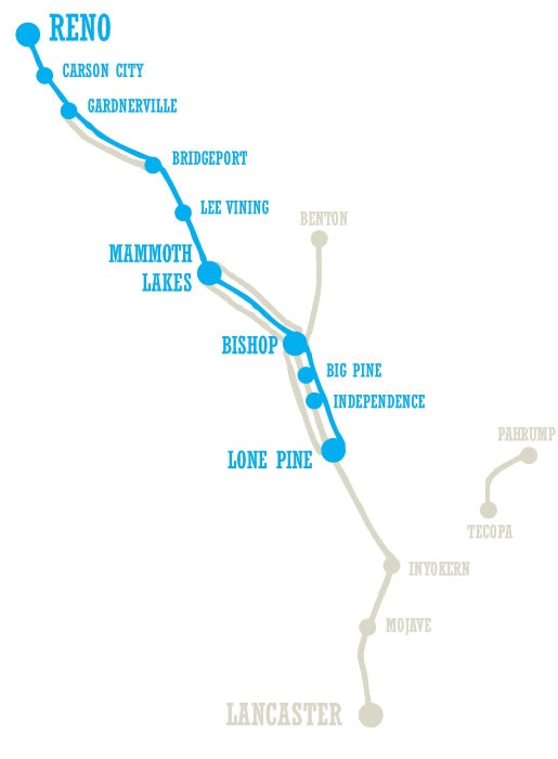 A stylized map showing a route with locations like Reno, Bishop, and Lancaster.