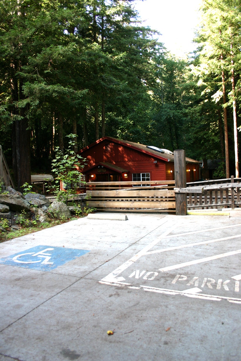 A red cabin surrounded by trees, with a parking area including a disabled parking space.