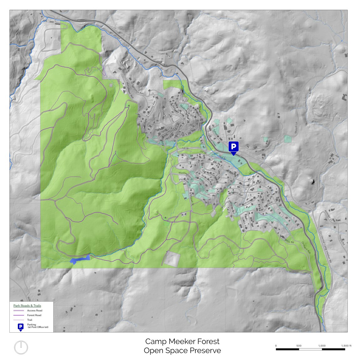 A map of Camp Meeker Forest Open Space Preserve showing land features, trails, and parking locations.