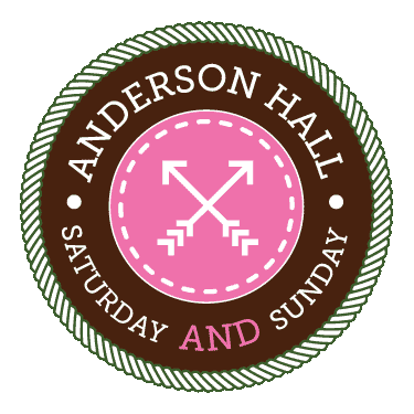 Circular badge with crossed keys, text "Anderson Hall Saturday and Sunday," on green background.