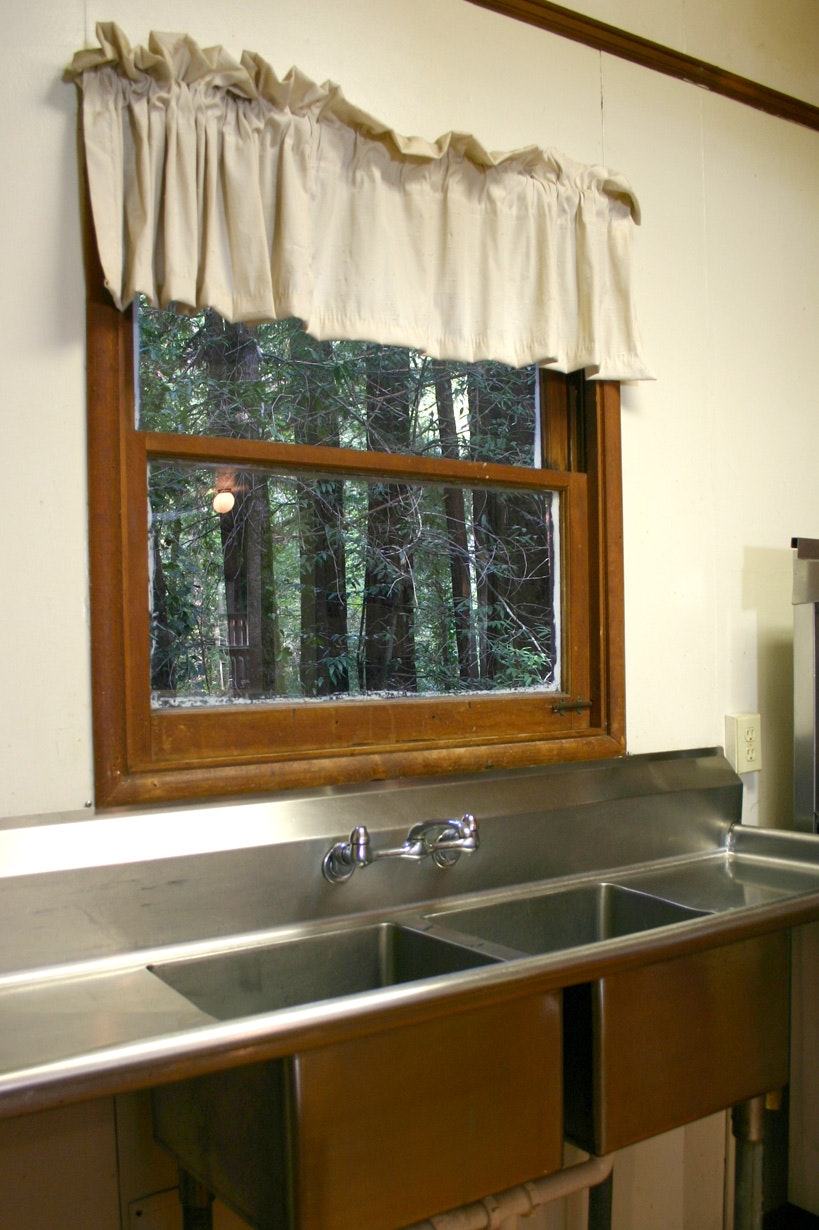 Stainless steel double sink below a window with a view of trees, topped by a ruffled valance.